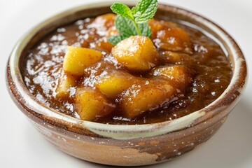 Luscious Allspiced Apple Butter in Rustic Bowl with Fresh Mint