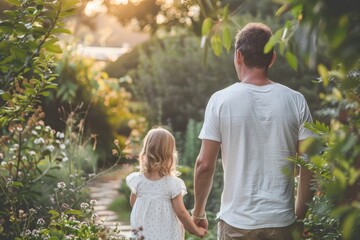 A man holding his daughters hand as they walk down a path together, A father holding his daughter's hand in a serene garden setting