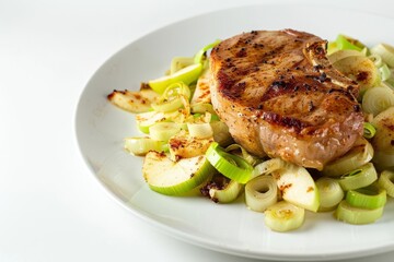 Allspice Pork Chops with Caramelized Leeks, Aromatic Allspice Butter, and Golden-Brown Apples