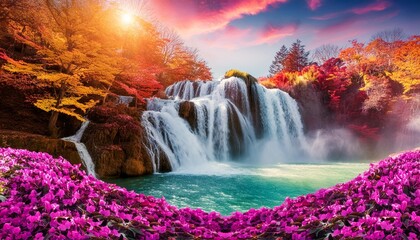 fantasy waterfall with autumn trees and beautiful flowers idyllic landscape