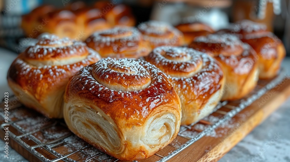 Poster close-up photo of multiple doughnuts on cooling rack with dusting of powdered sugar