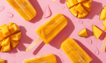 Fresh fruity mango popsicles holiday summer sunshine banner with juicy fruits around, pastel pink background.