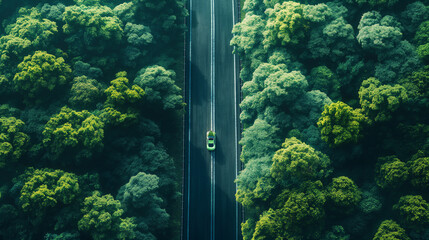 A car is driving down a road surrounded by trees
