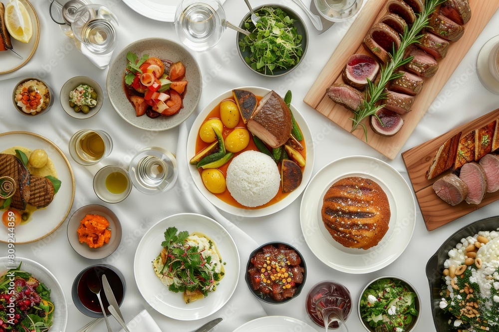 Poster a table displaying an assortment of delicious and visually appealing dishes ready to be enjoyed, a f