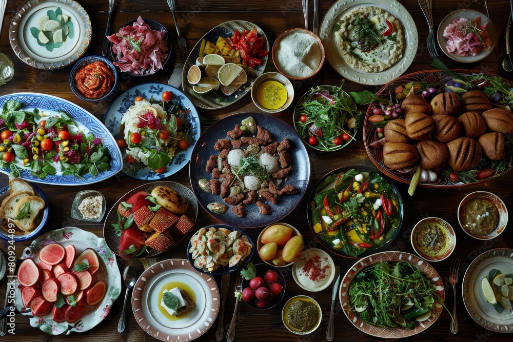 Poster various types of food spread out on a table in a display of abundance and diversity, a feast for the