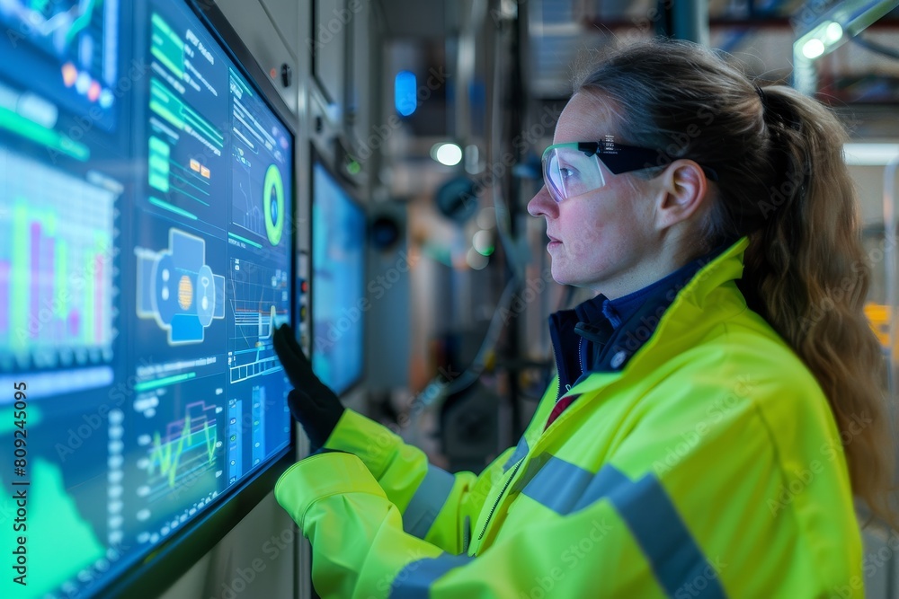 Poster female engineer in yellow jacket examining data on a scada system display, a female engineer reviews