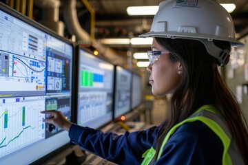 A woman in a hard hat is focused on a computer screen displaying realtime data from a SCADA system, A female engineer reviews real-time data on a SCADA system dashboard