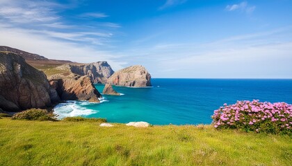 coastal meadow overlooking rugged cliffs and turquoise sea