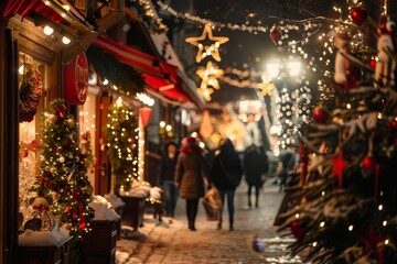 Group of individuals stroll down a street adorned with vibrant Christmas lights, creating a festive and joyful setting, A festive atmosphere filled with excitement and joy