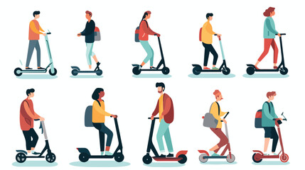 People on electric scooter set flat vector illustra