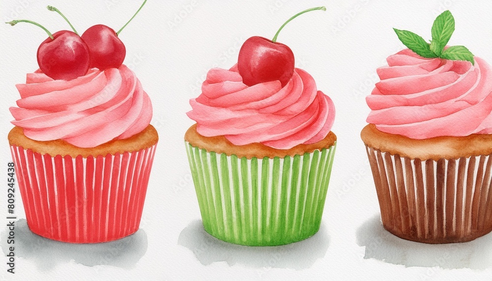 Wall mural cherry cupcake water color painting