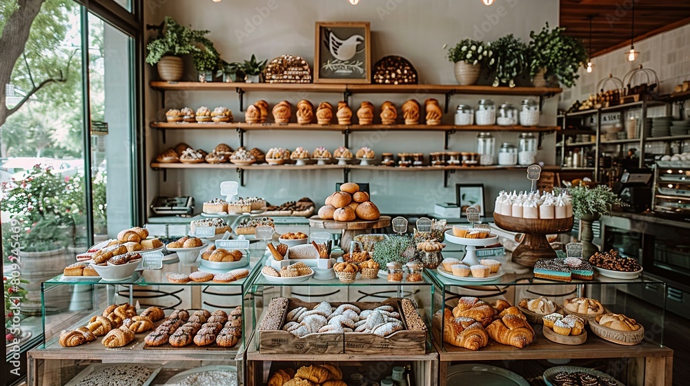 Poster a bakery showcases an array of diverse breads and pastries through its window display