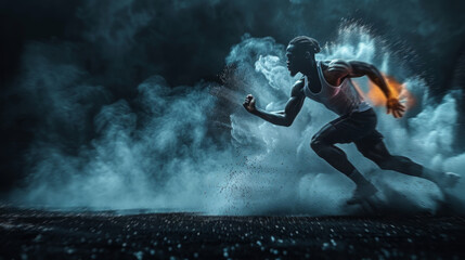 Obraz premium Athlete in motion, capturing the intensity of a nighttime sprint start with dynamic lighting.
