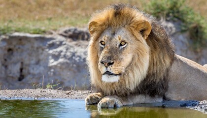 portrait of a beautiful lion lion at the waterhole