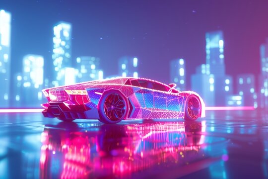 futuristic car of glowing 3d triangular polygons