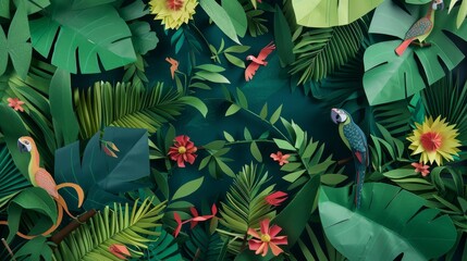 Paper Jungle Diorama with Monkeys, Parrots, Vines, and Flowers
