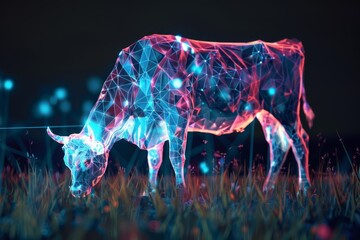 glowing ai cow made of 3d triangular polygons