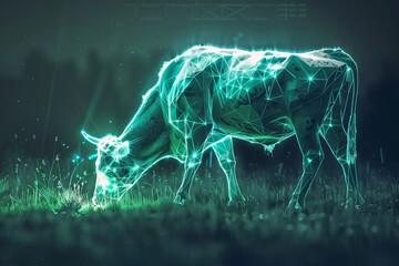 glowing ai cow made of 3d triangular polygons