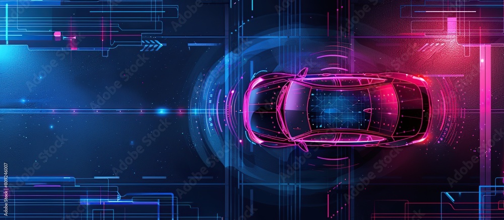 Poster Smart car in autonomous mode on city roads, featuring a HUD and integrating IoT technology with graphic sensor radar.