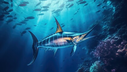 Fototapeta premium Giant Marlin fish in the ocean, beautiful view of marlin fish in the blue ocean