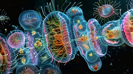 Vibrant Microscopic World: Colorful Illustration of Marine Plankton and Microbes