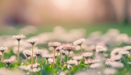 bellis perennis flowers in the field green blur background
