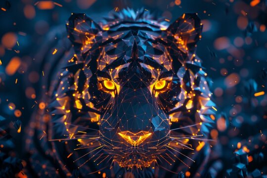 digital glowing tiger of 3d triangular polygons