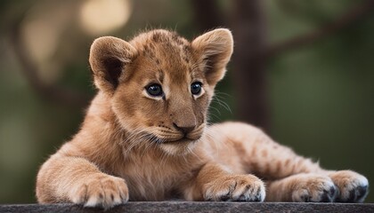 color illustration of a lion cub on a natural background
