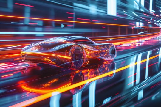 glowing car made of 3d triangular polygons