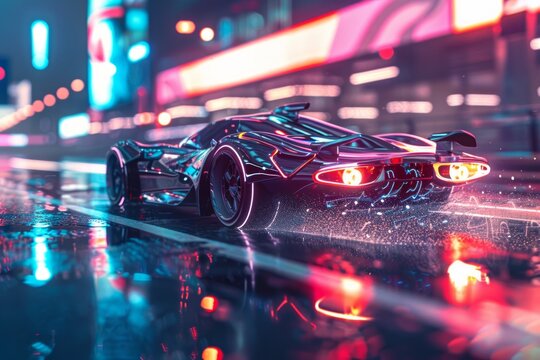 glowing car made of 3d triangular polygons