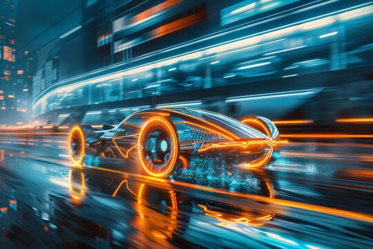 glowing car made of 3d triangular polygons