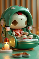 Home spa with robotic masseurs, tranquil, dimly lit with candles