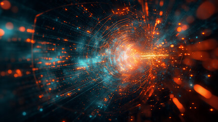 A bright blue and orange spiral of light with a bright orange spot in the middle