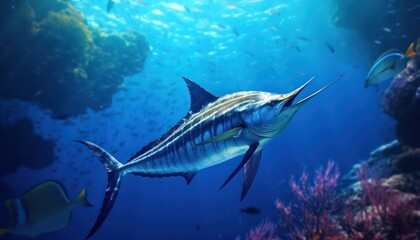 Fototapeta premium Giant Marlin fish in the ocean, beautiful view of marlin fish in the blue ocean