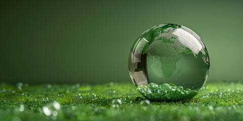 Glass globe with green continents on a mossy surface. Environmental conservation and global awareness concept for design and poster.