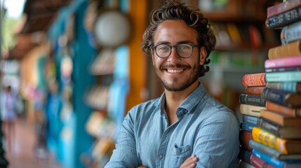 Young man smiling in a bookstore surrounded by colorful books