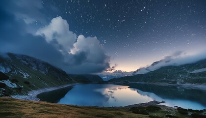 night sky with clouds lake and stars at night