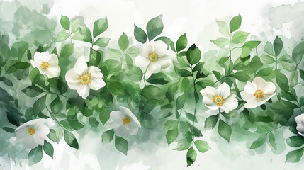 A painting of a white flower with green leaves