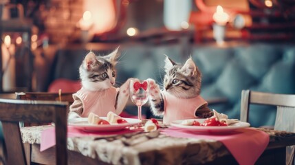 Two kittens in pink bibs dining at a table. Studio pet portrait. Valentine's Day and love concept for design and greeting card.