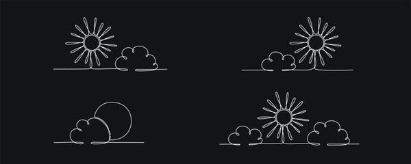 Sun and cloud set - hand drawing one single continuous line banner. Vector stock illustration isolated on black background for design template weather forecast, travel blog. Editable stroke. 