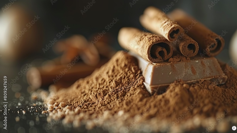 Poster a stack of cinnamon sticks resting atop a mound of powdered cinnamons on a tabletop