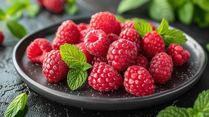  Raspberries on black plate with mint leaves on edge