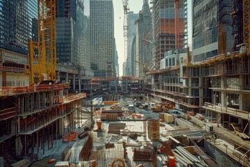 Fototapeta premium A construction site in a city with a crane in the background