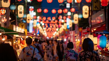 Bustling Night Market Scene in Japan with Colorful Lanterns and Crowds