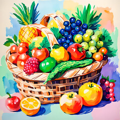 A watercolor-like illustration of a pastel-colored basket full of fresh fruit and vegetable