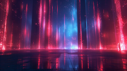 A futuristic cityscape with red and blue lights and a blue sky