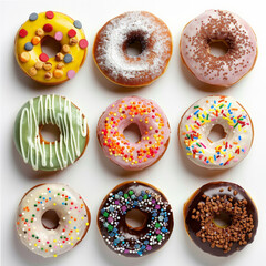 A selection of colorful donuts with various toppings, spaced evenly, isolated on a white background 