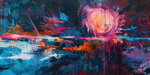 punk rebellious graffiti in dark tone color, grungy wall aerosol painting with color splash stain messy, background, Generative Ai
