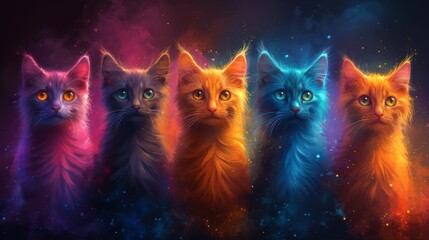 Colorful digital art of five mystical cats
