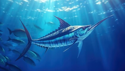 Obraz premium Giant Marlin fish in the ocean, beautiful view of marlin fish in the blue ocean